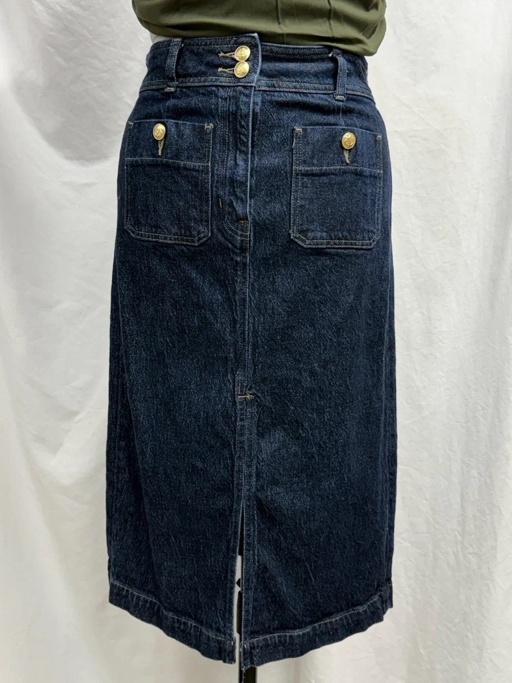 Dark Blue Denim Midi Skirt with Front Pockets